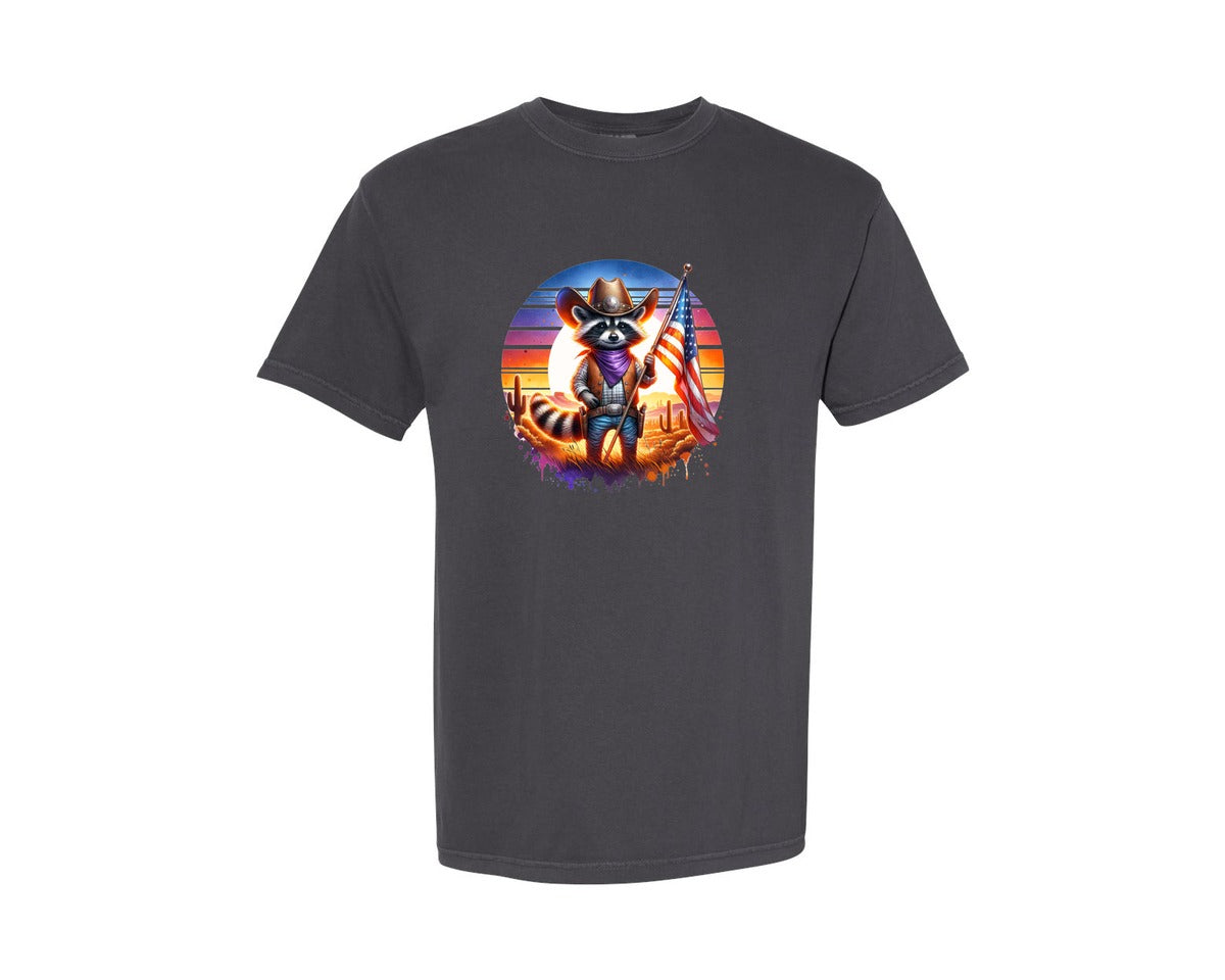 brand:Comfort Colors|color:Graphite|Usa American Flag Raccoon Graphic T-Shirt