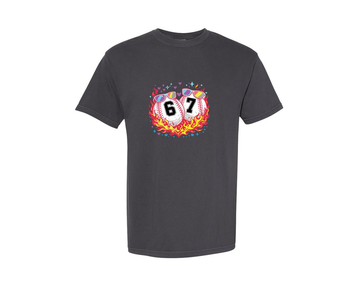 brand:Comfort Colors|color:Graphite|Flaming Baseball Couple Trendy 67 Meme Graphic T-Shirt