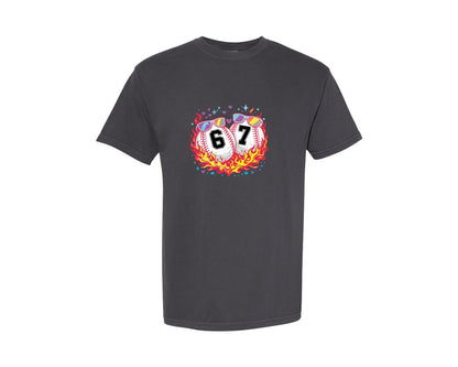 brand:Comfort Colors|color:Graphite|Flaming Baseball Couple Trendy 67 Meme Graphic T-Shirt