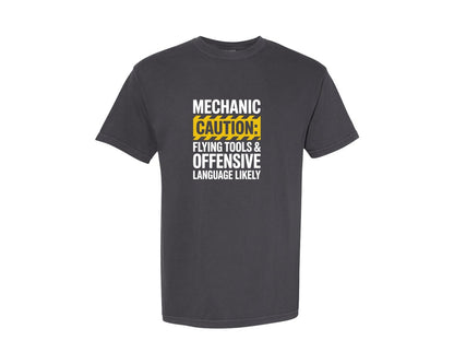 brand:Comfort Colors|color:Graphite|Mechanic Caution Warning T Shirt Graphic T-Shirt