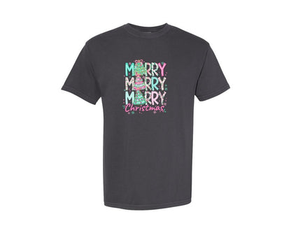 brand:Comfort Colors|color:Graphite|Floral Merry Merry Merry Christmas Graphic T-Shirt