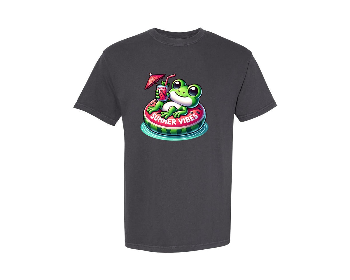 brand:Comfort Colors|color:Graphite|Cute Frog Summer Vibes Graphic T-Shirt
