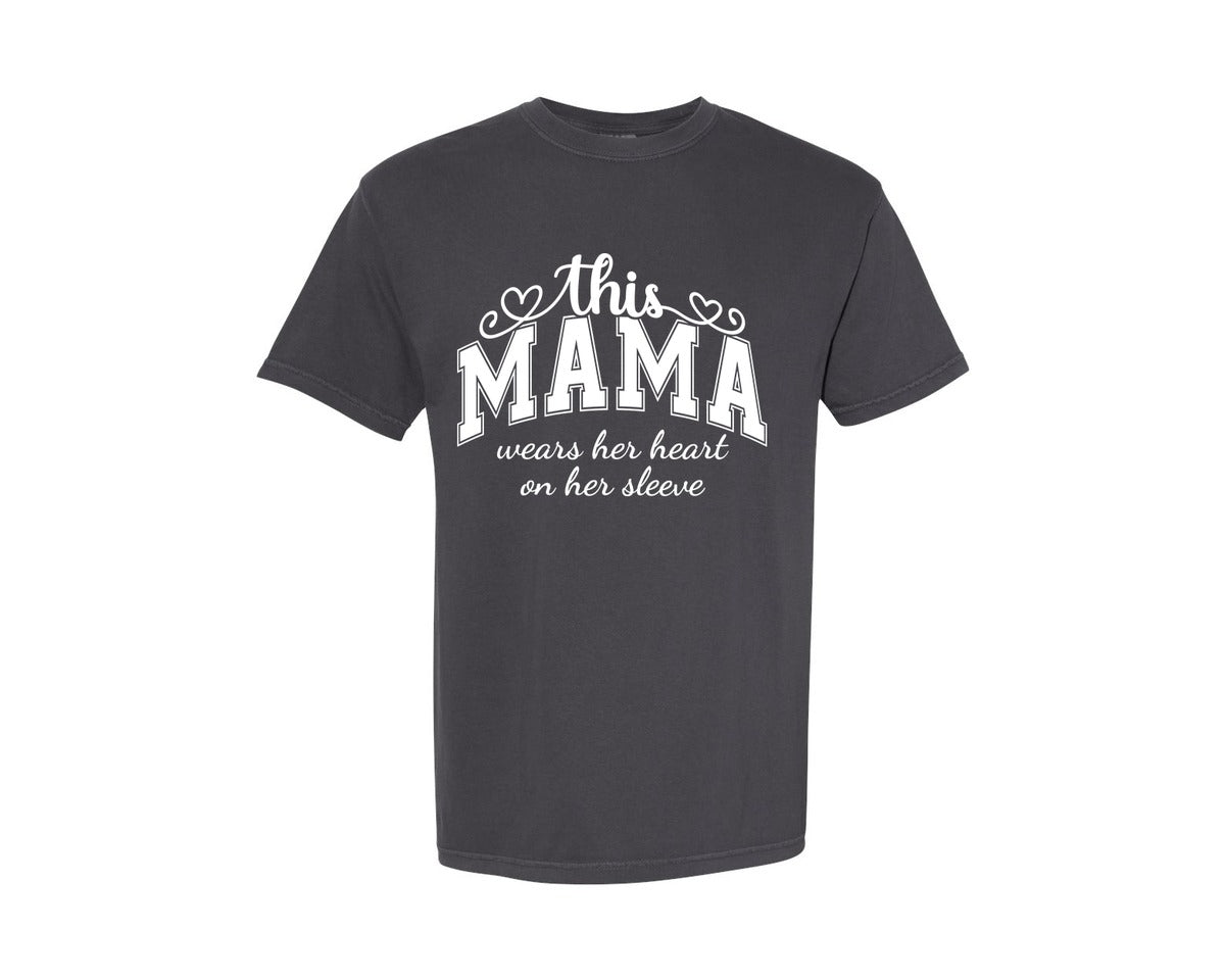 brand:Comfort Colors|color:Graphite|This Mama Wears Her Heart On Her Sleeve 74 Graphic T-Shirt