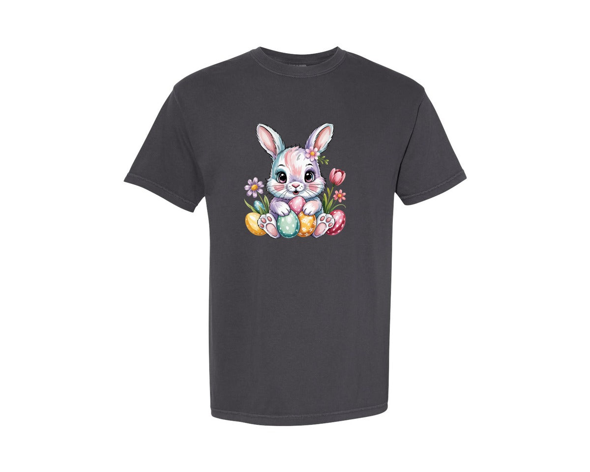 brand:Comfort Colors|color:Graphite|Floral Easter Bunny With Eggs 2 Graphic T-Shirt
