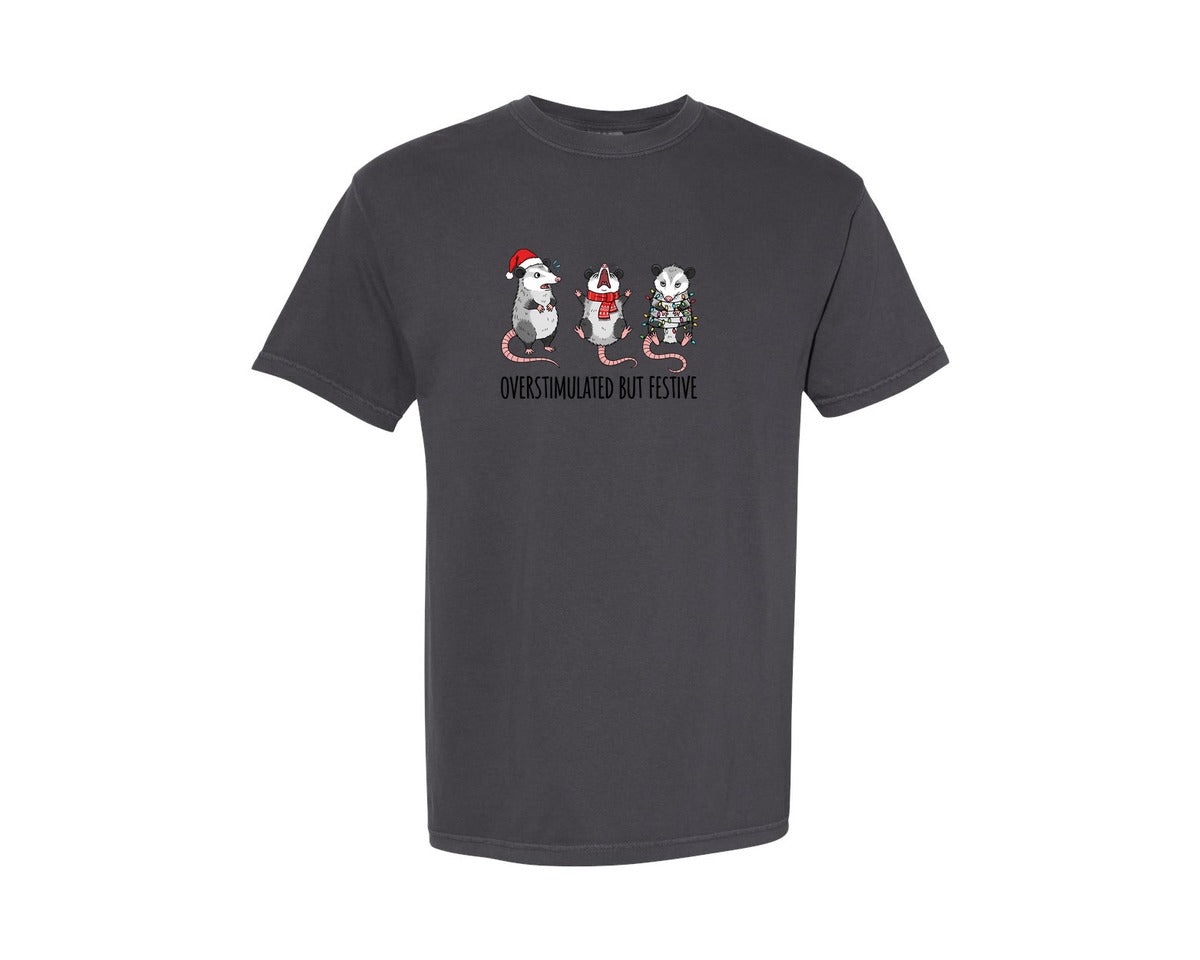 brand:Comfort Colors|color:Graphite|Overstimulated But Festive Opossum Graphic T-Shirt