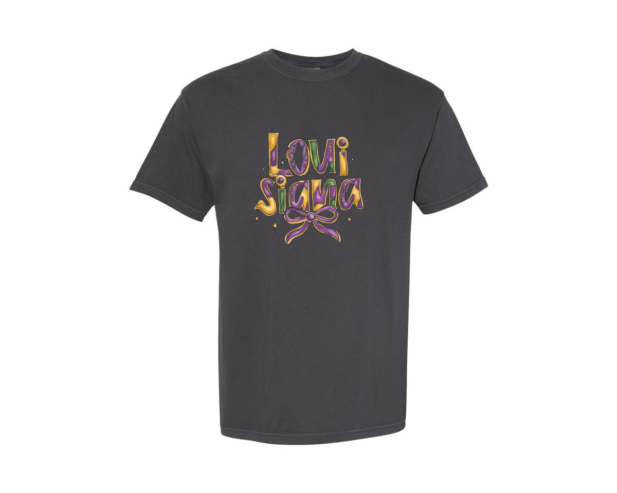 brand:Comfort Colors|color:Graphite|Louisiana Coquette Bow Mardi Gras Graphic T-Shirt