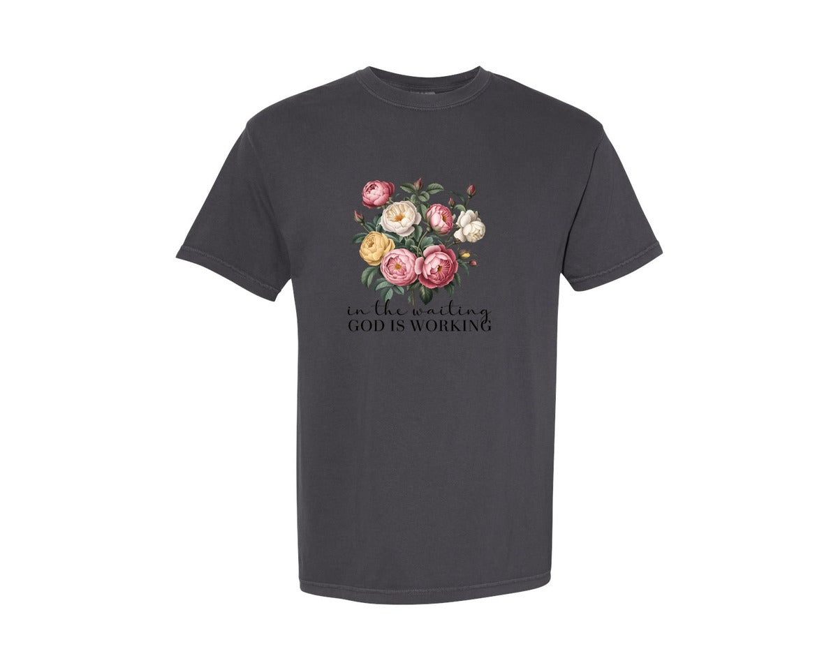 brand:Comfort Colors|color:Graphite|In The Waiting God Is Working 2 Graphic T-Shirt