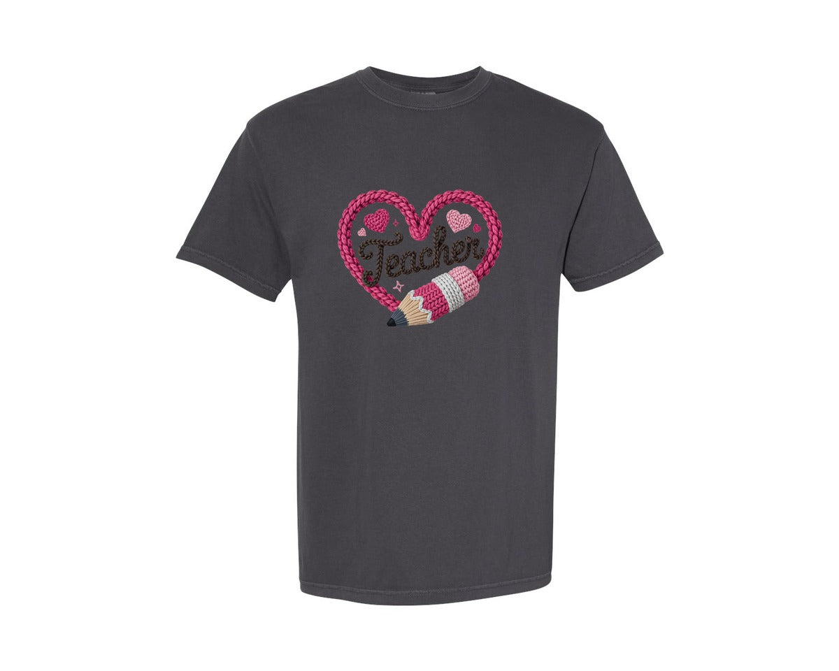brand:Comfort Colors|color:Graphite|Knitted Pencils Heart Teacher Love Graphic T-Shirt
