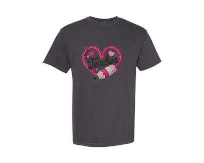 brand:Comfort Colors|color:Graphite|Knitted Pencils Heart Teacher Love Graphic T-Shirt