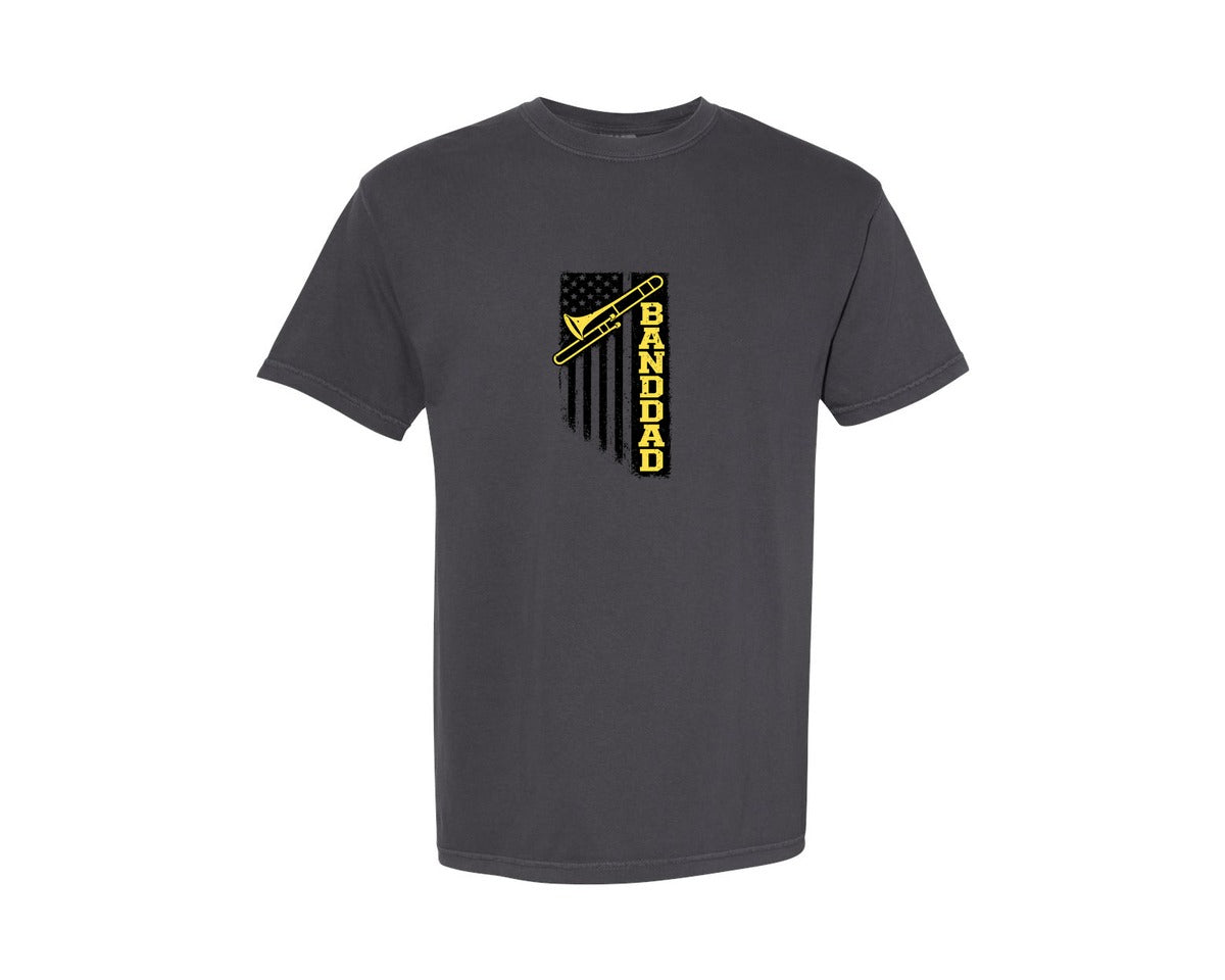 brand:Comfort Colors|color:Graphite|Distressed Band Dad Trombone Flag Graphic T-Shirt