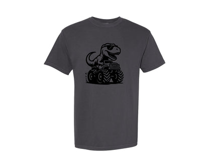 brand:Comfort Colors|color:Graphite|T Rex Riding Monster Truck Graphic T-Shirt