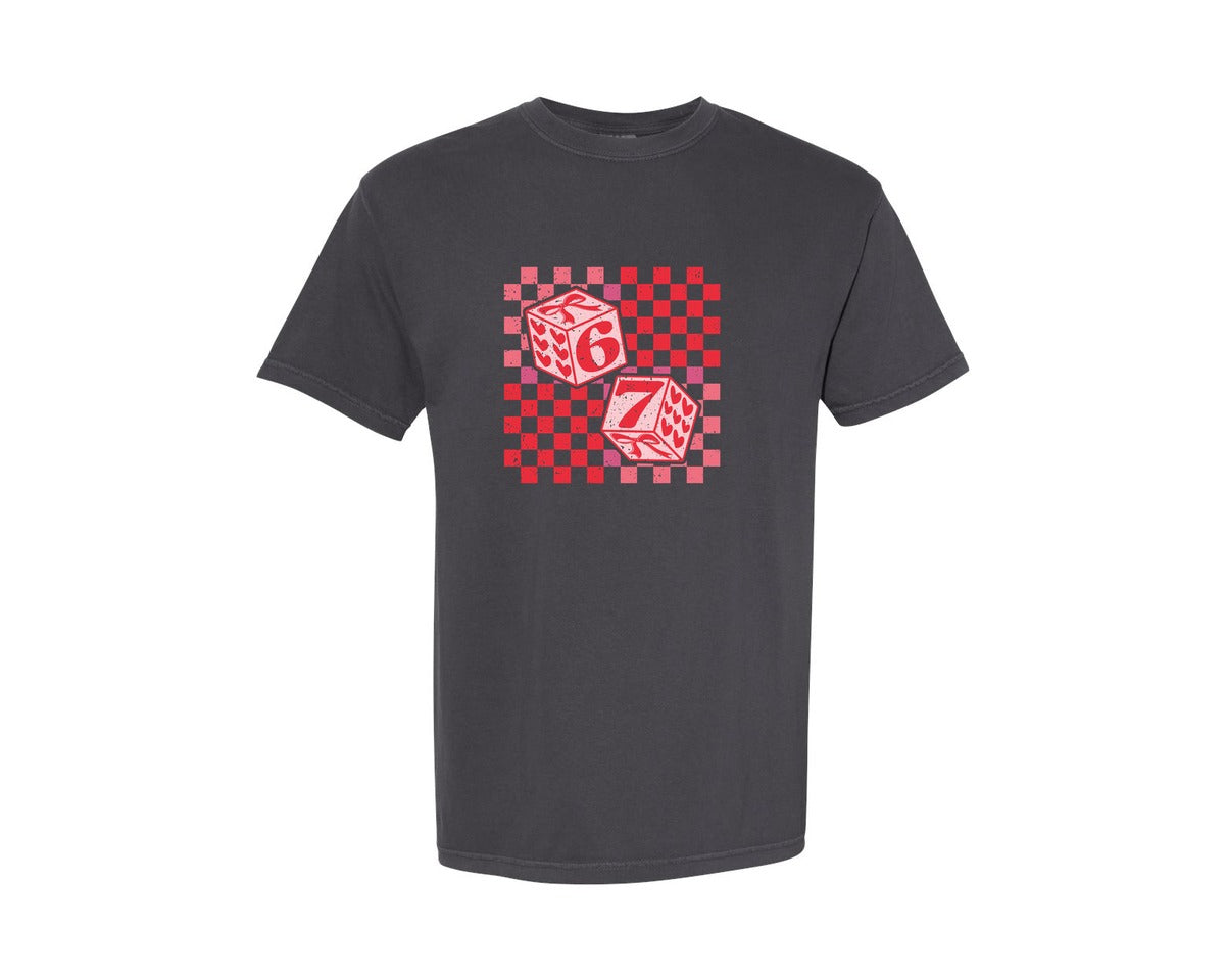 brand:Comfort Colors|color:Graphite|Six Seven Valentine Bow Dice 67 Graphic T-Shirt