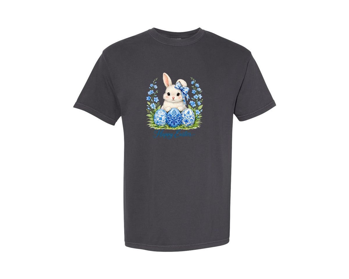 brand:Comfort Colors|color:Graphite|Floral Toile Blue Easter Bunny Graphic T-Shirt