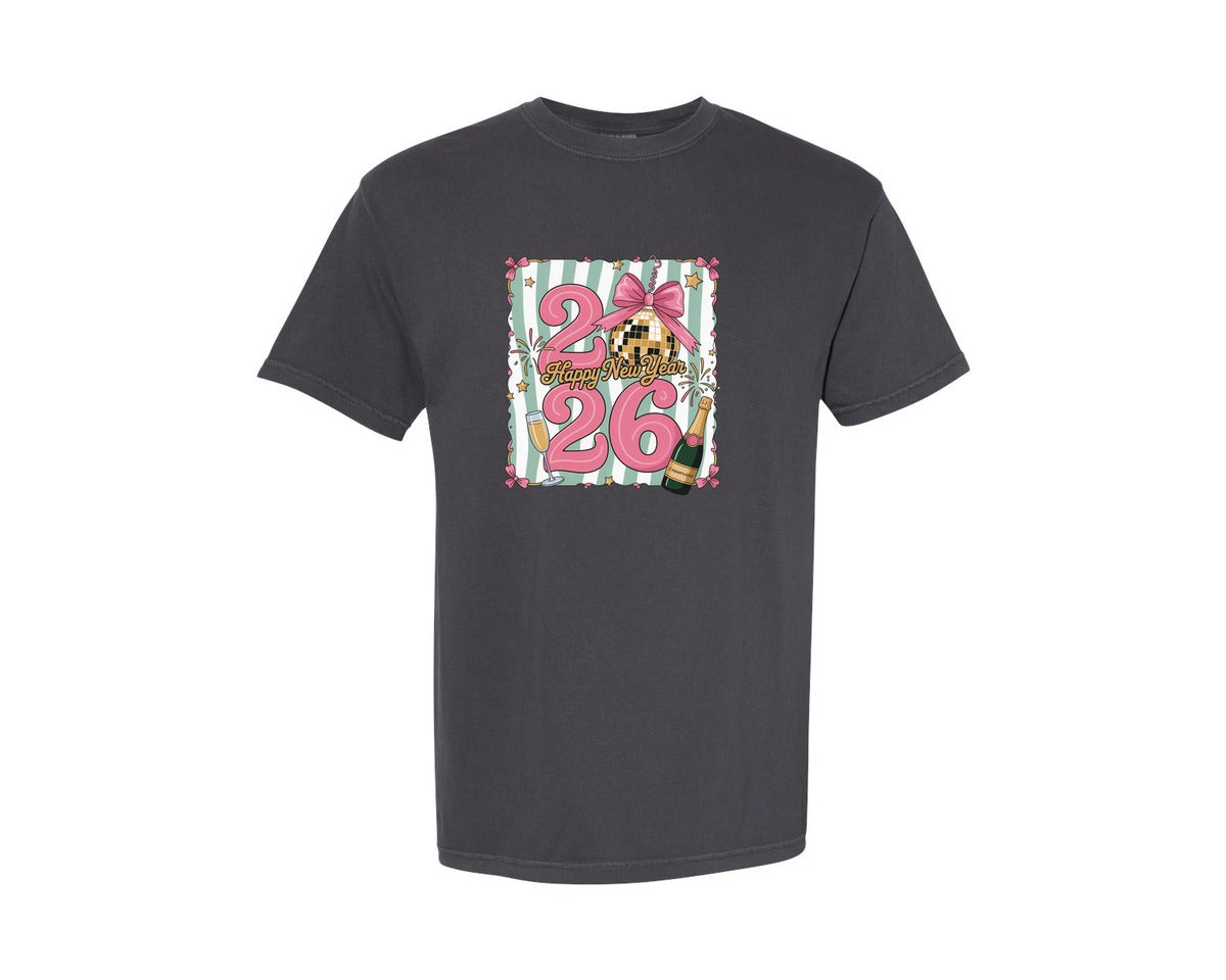 brand:Comfort Colors|color:Graphite|Happy New Year 2026 Disco Ball Bow Graphic T-Shirt