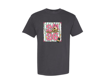 brand:Comfort Colors|color:Graphite|Happy New Year 2026 Disco Ball Bow Graphic T-Shirt