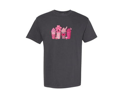 brand:Comfort Colors|color:Graphite|Cute Pink Valentine Drinks Graphic T-Shirt