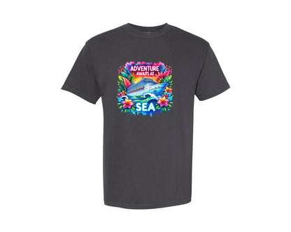 brand:Comfort Colors|color:Graphite|Adventure Awaits At Sea Cruise Ship Graphic T-Shirt