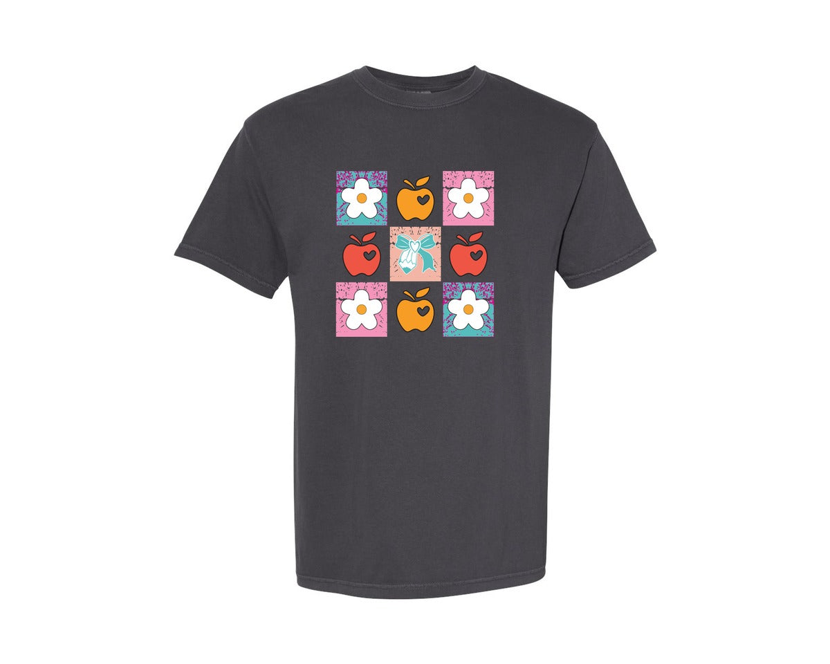brand:Comfort Colors|color:Graphite|Teacher Checkered Boho Flowers Graphic T-Shirt