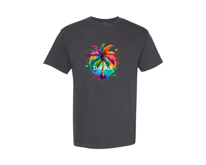 brand:Comfort Colors|color:Graphite|Colorful Palm Tree Summer Graphic T-Shirt
