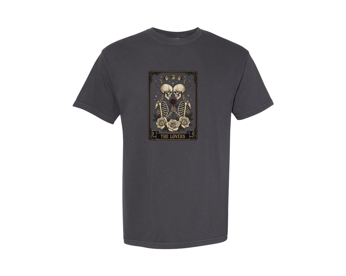 brand:Comfort Colors|color:Graphite|The Lovers Skeleton Tarot Card Graphic T-Shirt