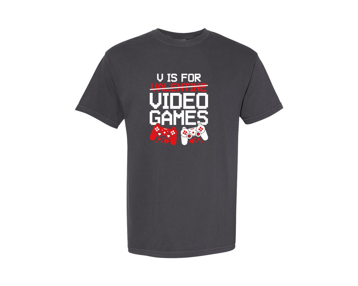 brand:Comfort Colors|color:Graphite|V Is For Video Games Funny Valentines 5 Graphic T-Shirt