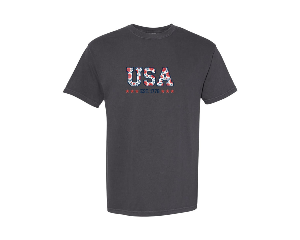 brand:Comfort Colors|color:Graphite|Watercolor Floral Usa 4Th Of July Shirt Graphic T-Shirt