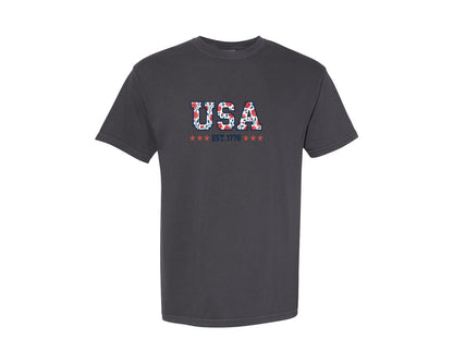 brand:Comfort Colors|color:Graphite|Watercolor Floral Usa 4Th Of July Shirt Graphic T-Shirt