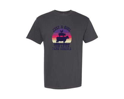 brand:Comfort Colors|color:Graphite|Just A Girl Farm Animal Retro Graphic T-Shirt