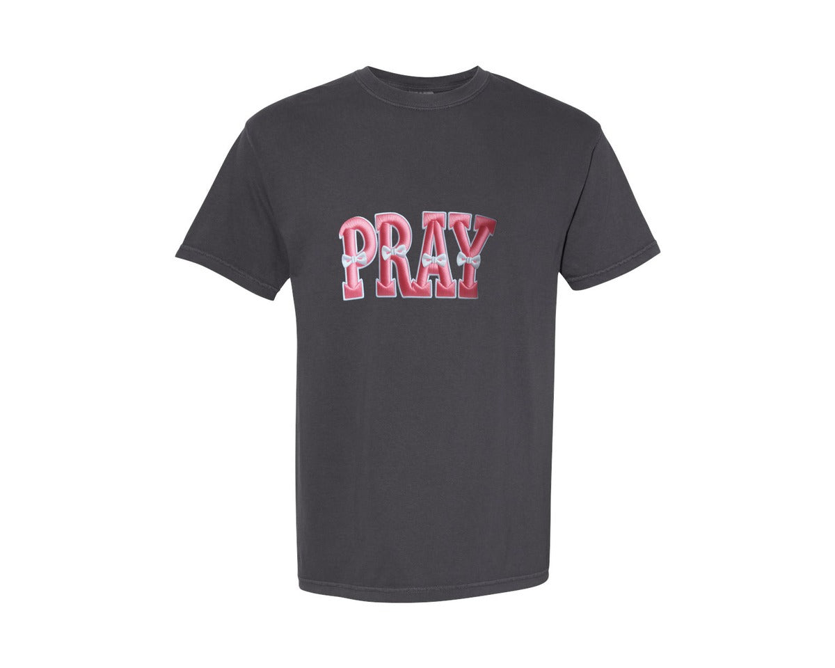 brand:Comfort Colors|color:Graphite|Pray Jesus Pink Latch Hook Yarn Crochet Graphic T-Shirt