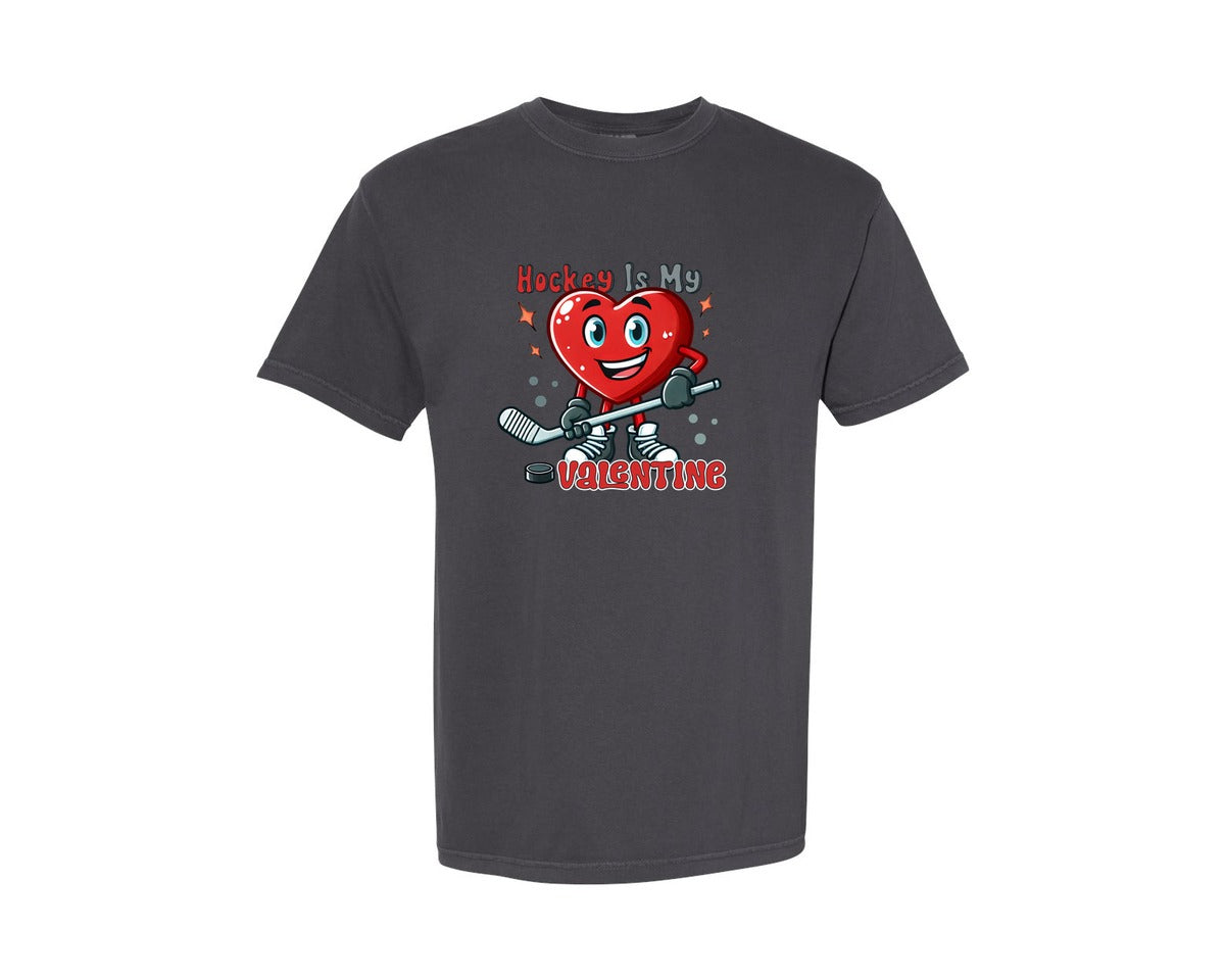 brand:Comfort Colors|color:Graphite|Hockey Is My Valentine Design 4 Graphic T-Shirt