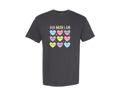 brand:Comfort Colors|color:Graphite|God Says I Am Sweetheart Candy Hearts Graphic T-Shirt