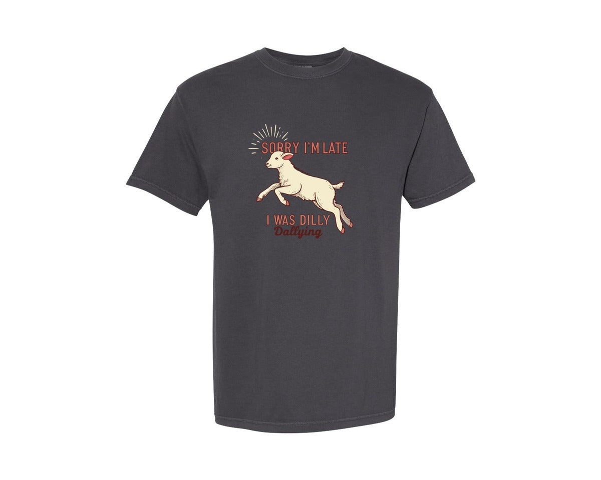 brand:Comfort Colors|color:Graphite|Sorry Im Late Funny Goat Farm Graphic T-Shirt