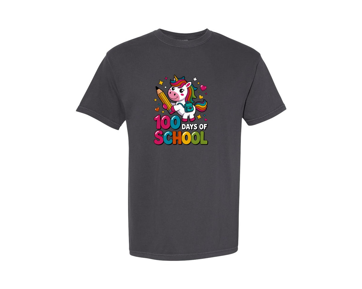 brand:Comfort Colors|color:Graphite|100 Days School Unicorn Art Graphic T-Shirt