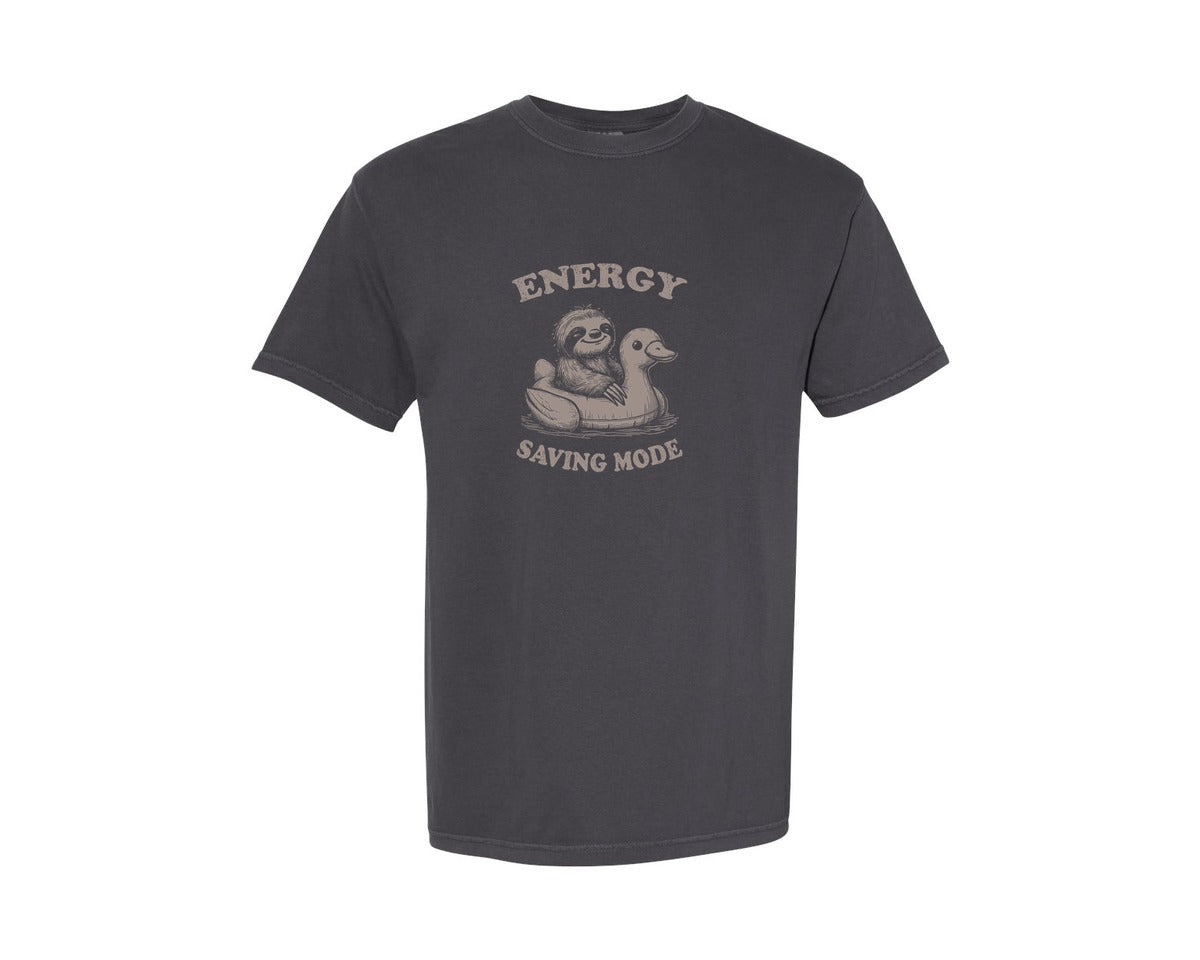 brand:Comfort Colors|color:Graphite|Energy Saving Mode Sloth On Duck Float Graphic T-Shirt