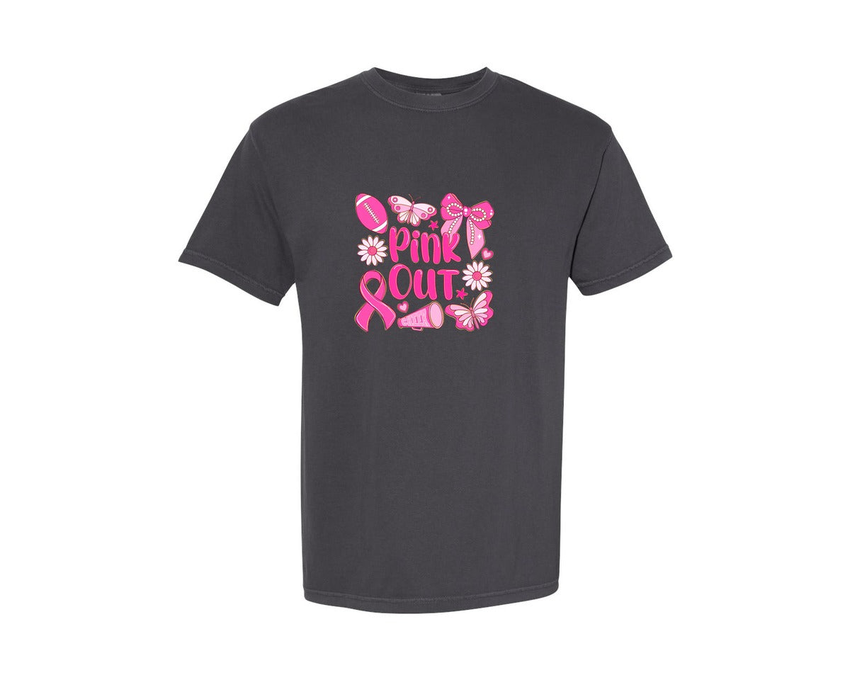 brand:Comfort Colors|color:Graphite|Pink Out Football Breast Cancer 3 Graphic T-Shirt