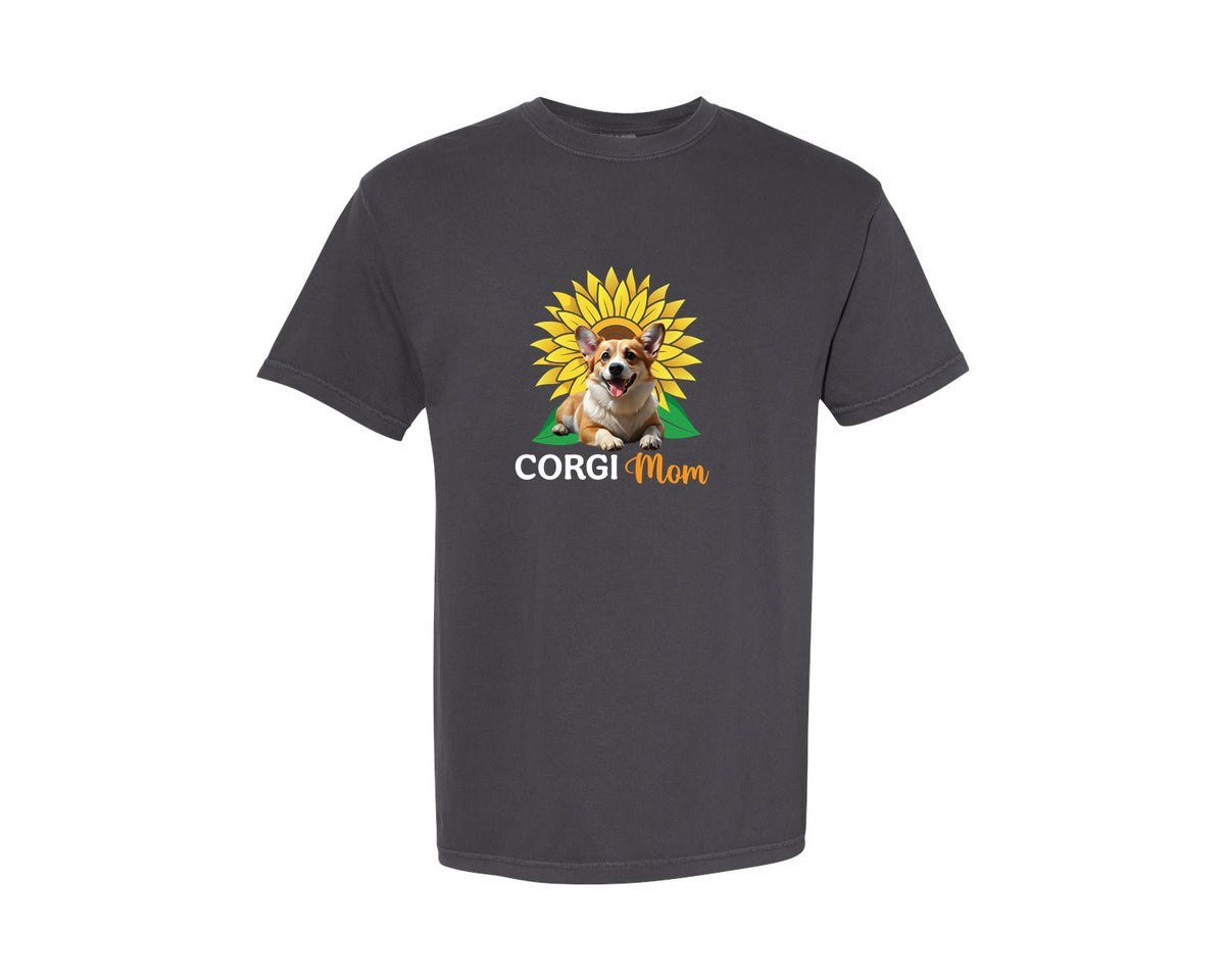 brand:Comfort Colors|color:Graphite|Corgi Mom Sunflower Graphic T-Shirt