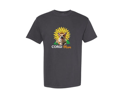 brand:Comfort Colors|color:Graphite|Corgi Mom Sunflower Graphic T-Shirt