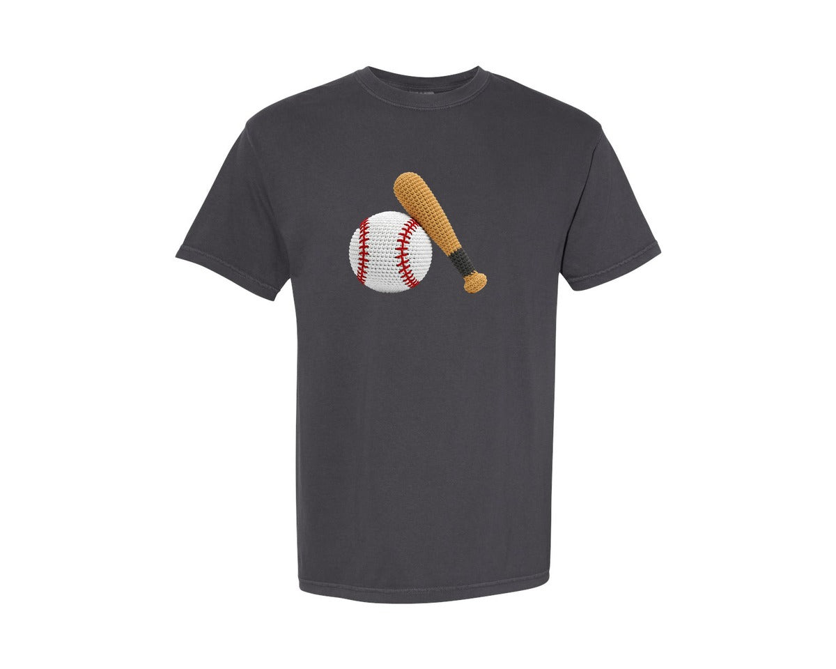 brand:Comfort Colors|color:Graphite|Knitted Crochet Baseball And Bat Graphic T-Shirt