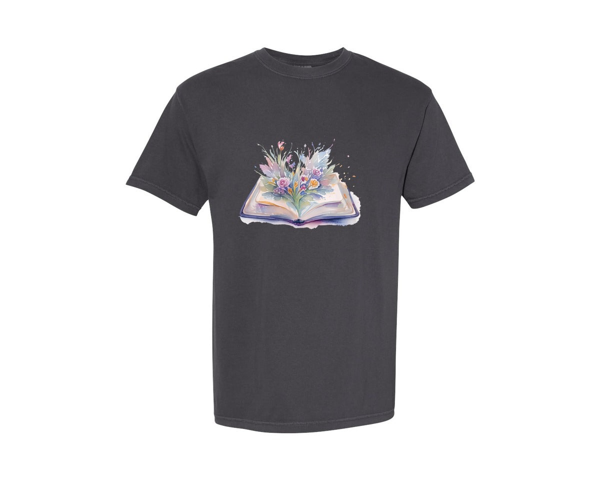 brand:Comfort Colors|color:Graphite|Watercolor Open Book With Flowers Graphic T-Shirt