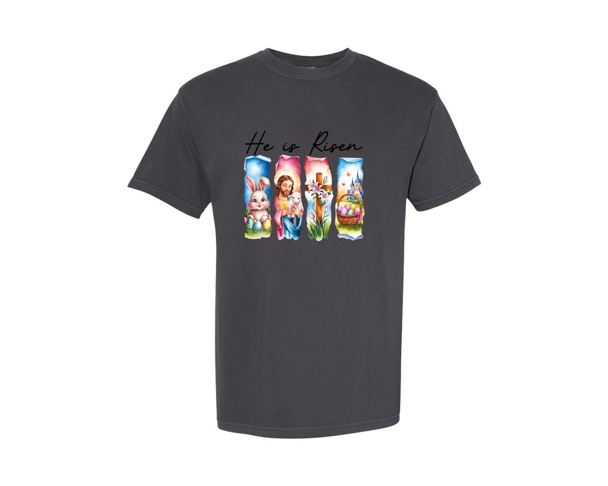 brand:Comfort Colors|color:Graphite|He Is Risen Easter Jesus Christian Graphic T-Shirt