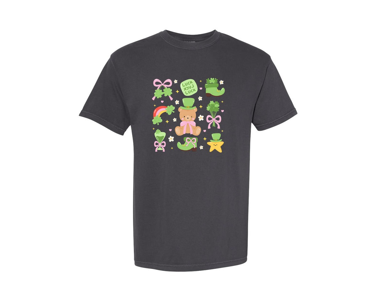 brand:Comfort Colors|color:Graphite|Lucky St Patrick Kawaii Bear Graphic T-Shirt