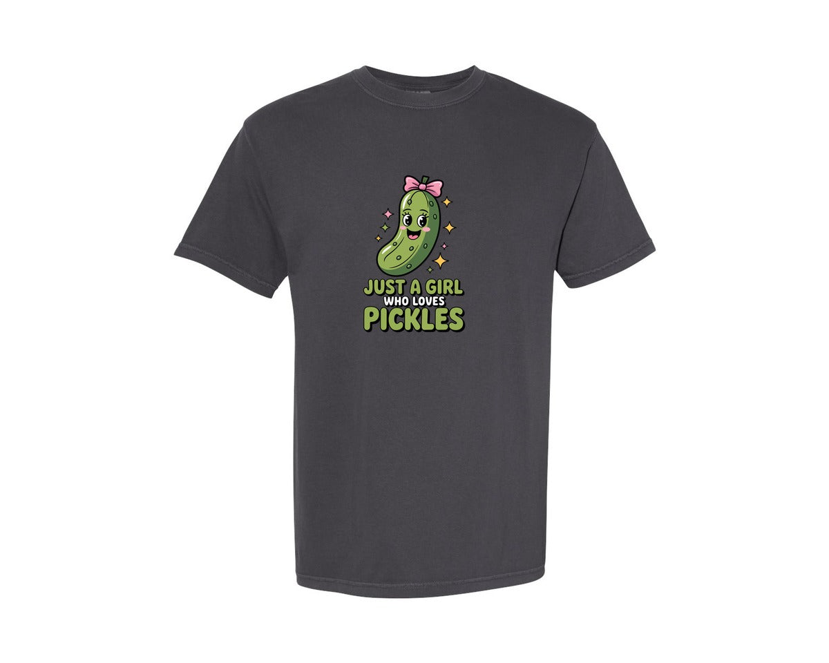 brand:Comfort Colors|color:Graphite|Just A Girl Who Loves Pickles Tshirt Graphic T-Shirt