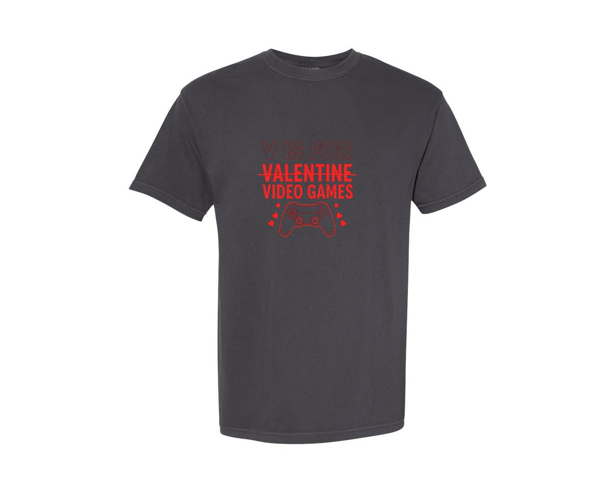 brand:Comfort Colors|color:Graphite|V Is For Valentine Video Games Graphic T-Shirt
