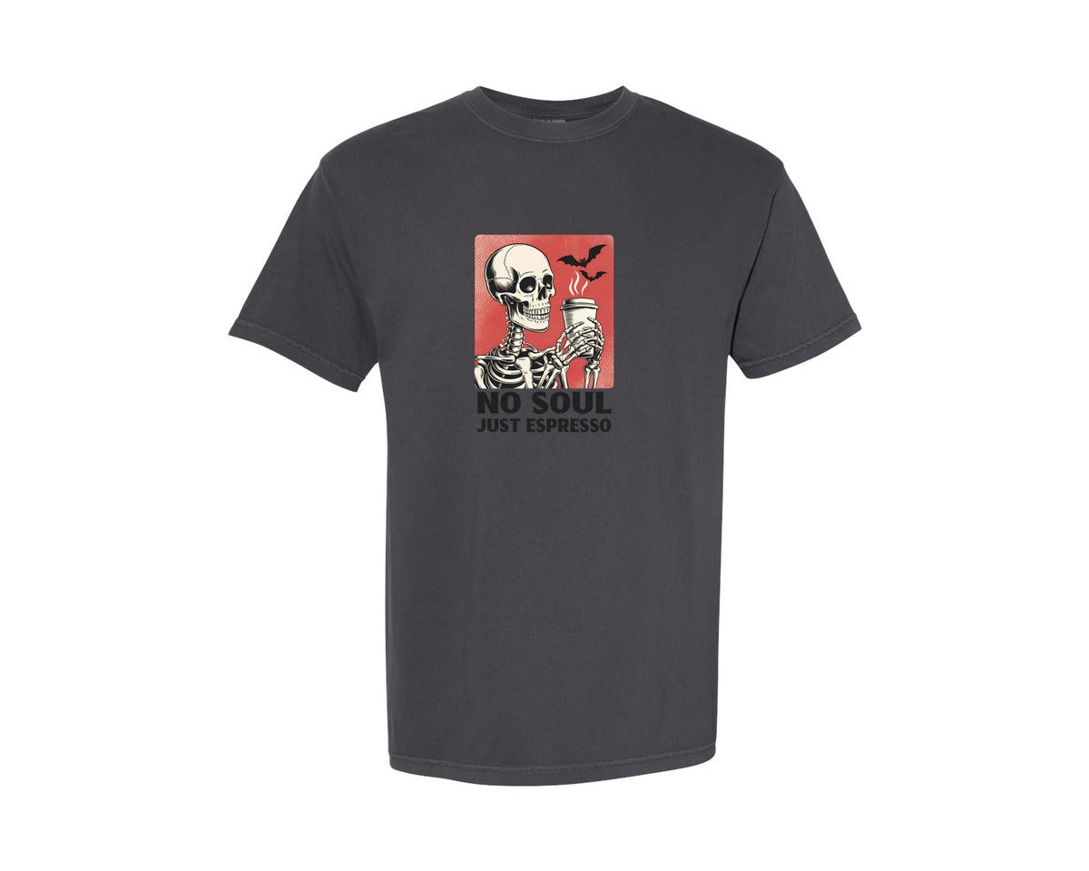 brand:Comfort Colors|color:Graphite|Halloween Skeleton No Soul Just Espresso Graphic T-Shirt