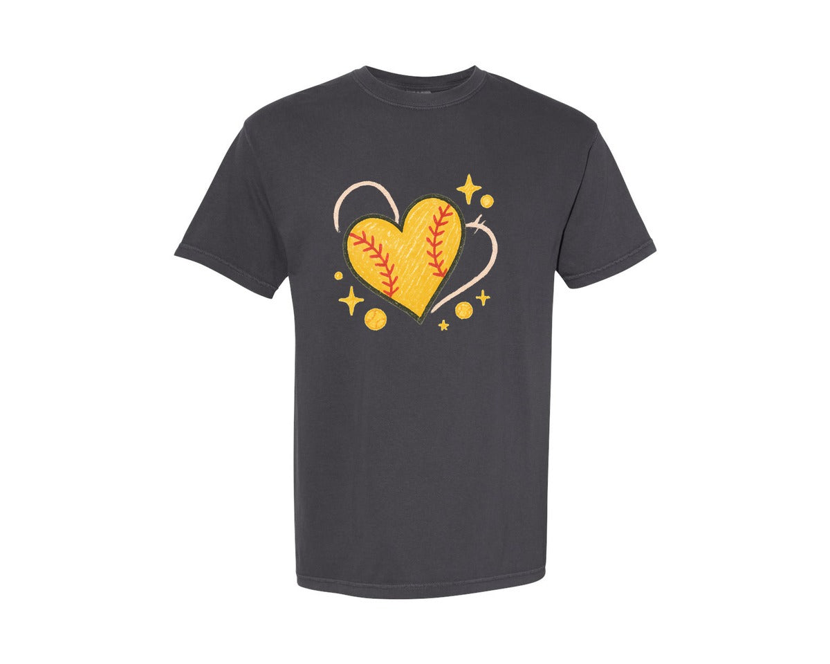 brand:Comfort Colors|color:Graphite|Softball Heart Graphic T-Shirt