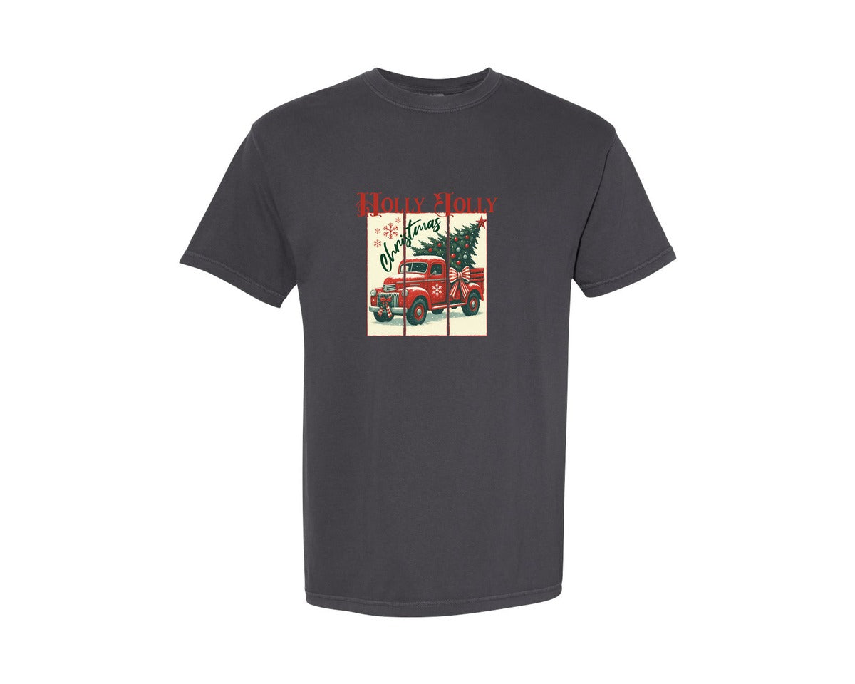 brand:Comfort Colors|color:Graphite|Holly Jolly Christmas Vintage Truck Graphic T-Shirt