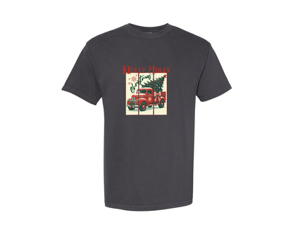 brand:Comfort Colors|color:Graphite|Holly Jolly Christmas Vintage Truck Graphic T-Shirt