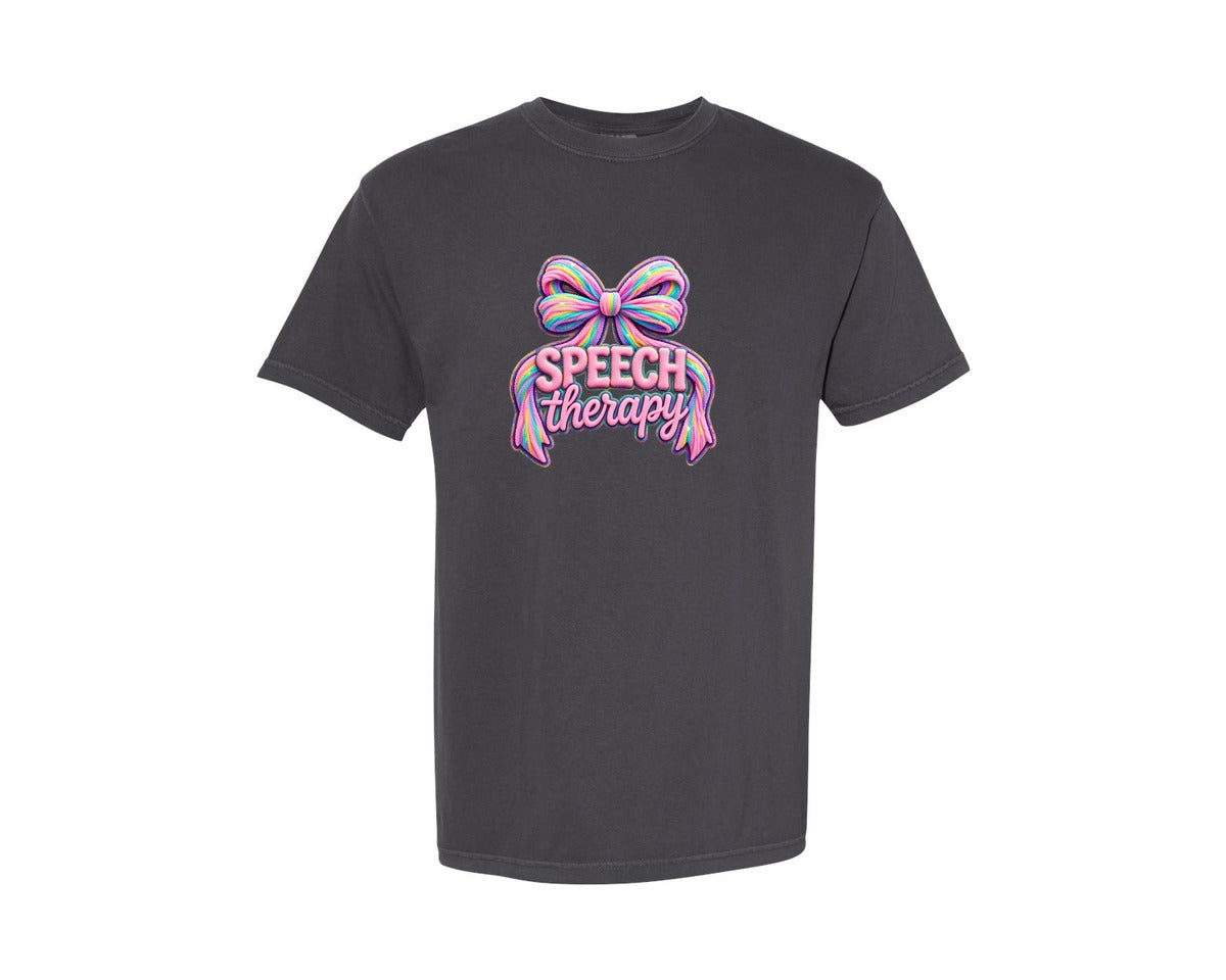 brand:Comfort Colors|color:Graphite|Yarn Speech Therapy Mental Health Bow Graphic T-Shirt