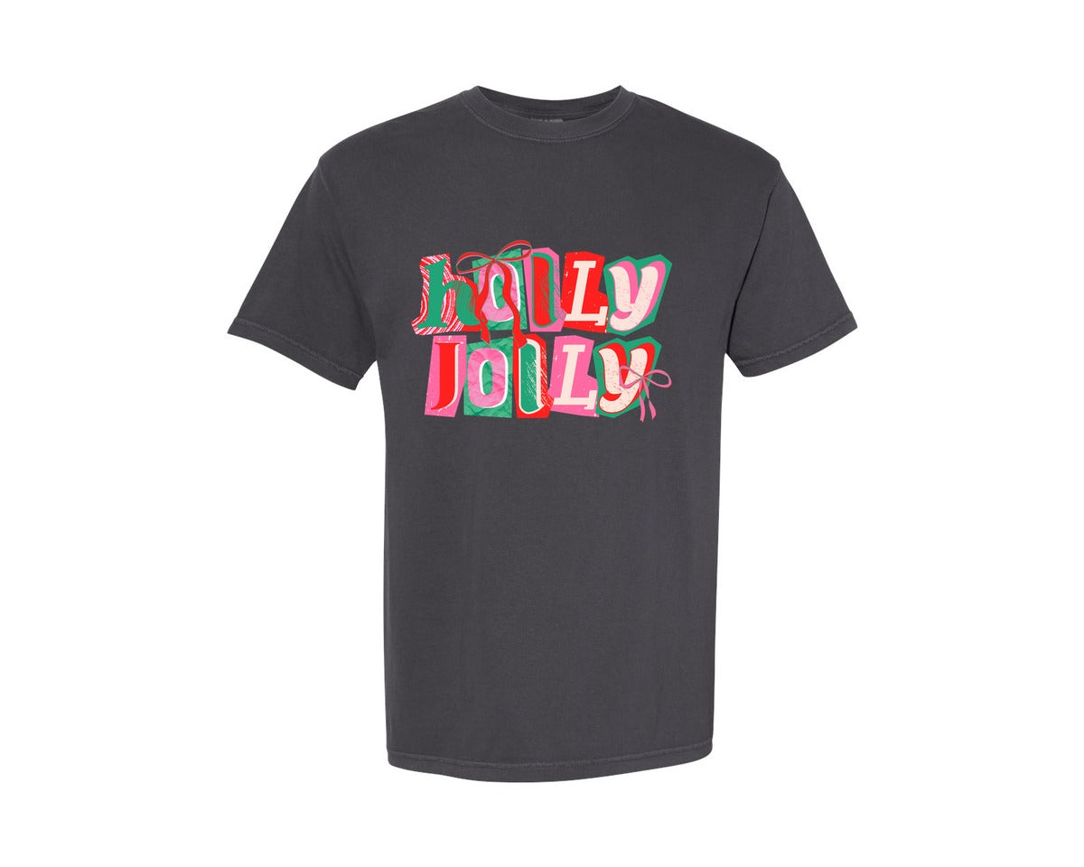 brand:Comfort Colors|color:Graphite|Coquette Holly Jolly Christmas Graphic T-Shirt