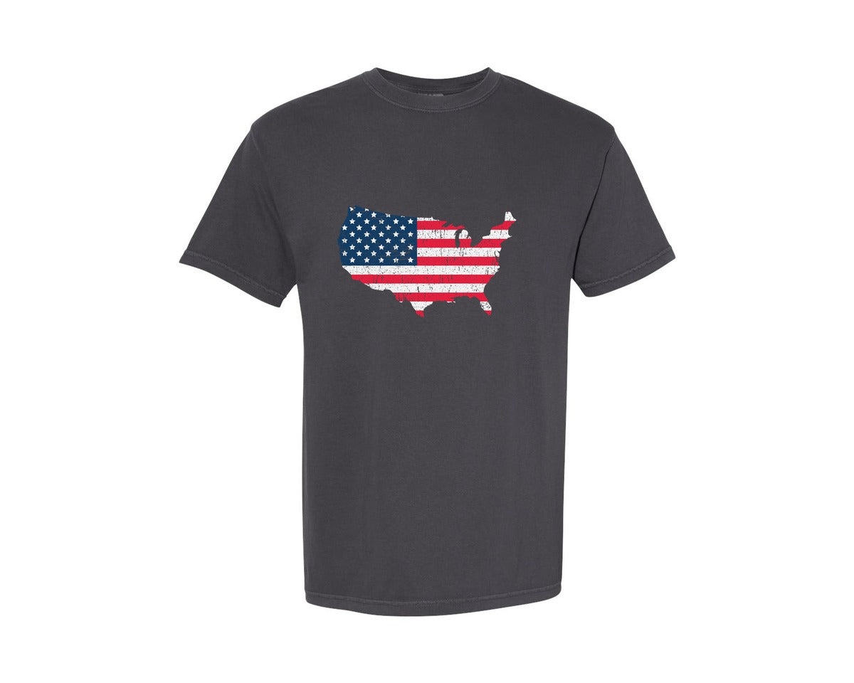 brand:Comfort Colors|color:Graphite|Distressed Usa Vintage Flag Map Design Graphic T-Shirt